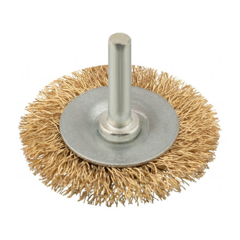 Корщетка, тип "колесо", со штифтом, стальная латунированная волнистая проволока 63 мм FIT 38483М Корщетка, тип "колесо", со штифтом, стальная латунированная волнистая проволока 63 мм FIT 38483М