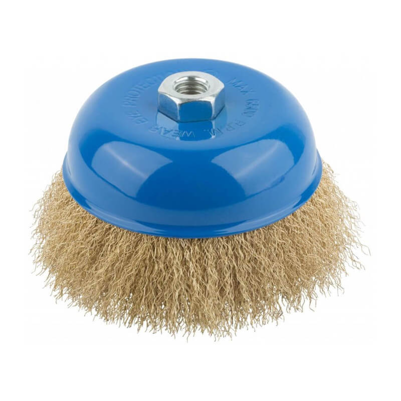 Корщетка, тип "чашка", гайка М14, стальная латунированная волнистая проволока 125 мм MOS Корщетка, тип "чашка", гайка М14, стальная латунированная волнистая проволока 125 мм MOS