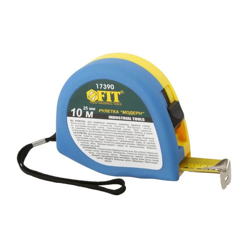 Рулетка эластичный корпус, сине-желтая "Модерн", двойной стопор 10 м x 25 мм FIT Рулетка эластичный корпус, сине-желтая "Модерн", двойной стопор 10 м x 25 мм FIT