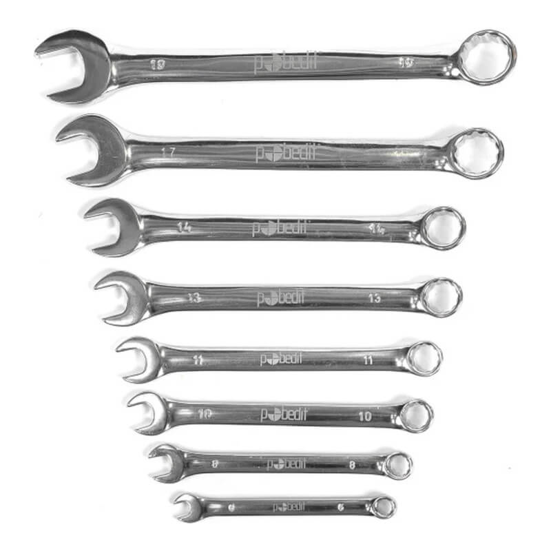Набор комбинированных ключей Pobedit Cr-V, зеркальная полировка, 6-19 мм, 8 шт. Набор комбинированных ключей Pobedit Cr-V, зеркальная полировка, 6-19 мм, 8 шт.