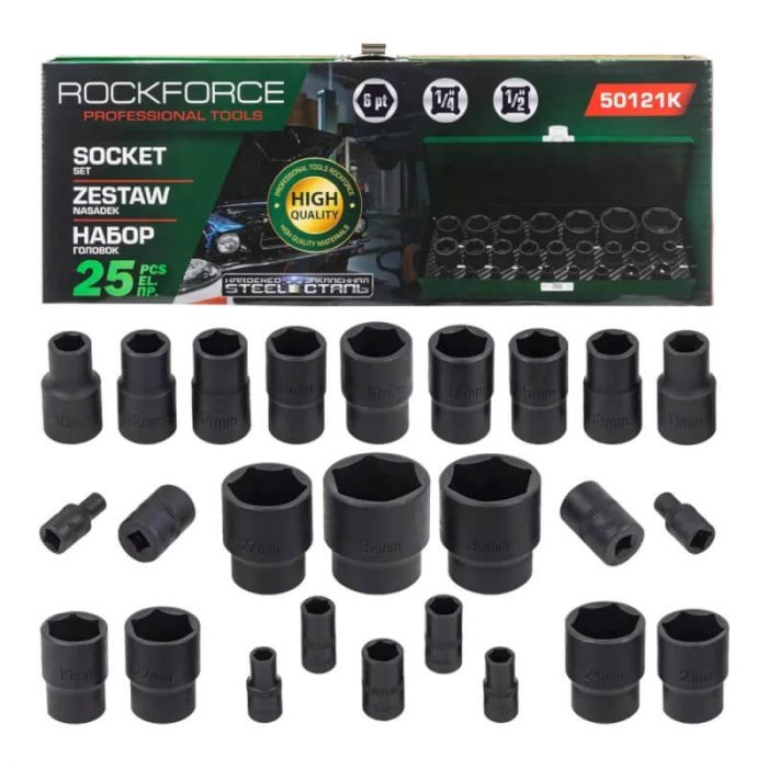 Головки ударные, набор 25 шт, 1/4", 1/2", 6 гр. Rockforce RF-50121K(59045)