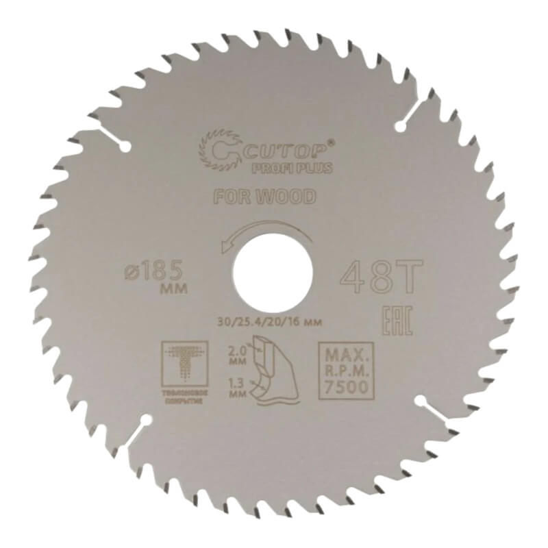 Диск пильный по дереву с тефлоновым покрытием 48Т, cutop profi plus, 185 х 1,3/2,0 х 30/25,4/20/16 м Диск пильный по дереву с тефлоновым покрытием 48Т, cutop profi plus, 185 х 1,3/2,0 х 30/25,4/20/16 м