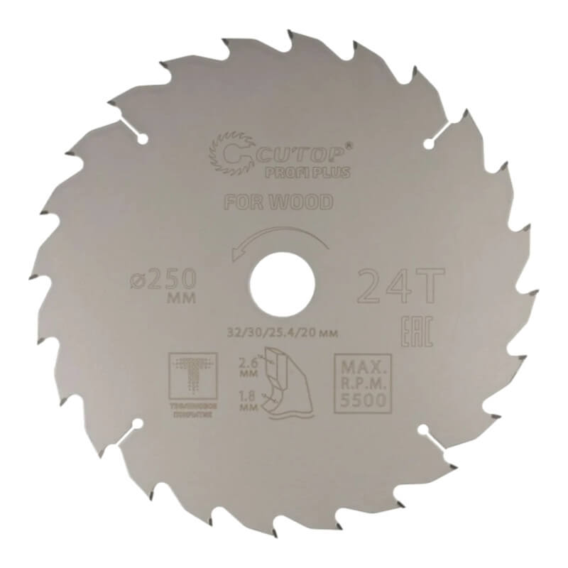 Диск пильный по дереву с тефлоновым покрытием 24Т, Cutop Profi Plus, 250 х 1,8/2,6 х 32/30/25,4/20 м Диск пильный по дереву с тефлоновым покрытием 24Т, Cutop Profi Plus, 250 х 1,8/2,6 х 32/30/25,4/20 м