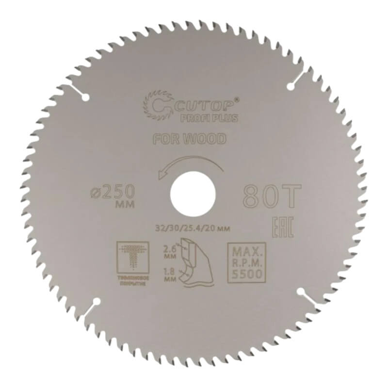 Диск пильный по дереву с тефлоновым покрытием 80Т, cutop profi plus, 250 х 1,8/2,6 х 32/30/25,4/20 м Диск пильный по дереву с тефлоновым покрытием 80Т, cutop profi plus, 250 х 1,8/2,6 х 32/30/25,4/20 м