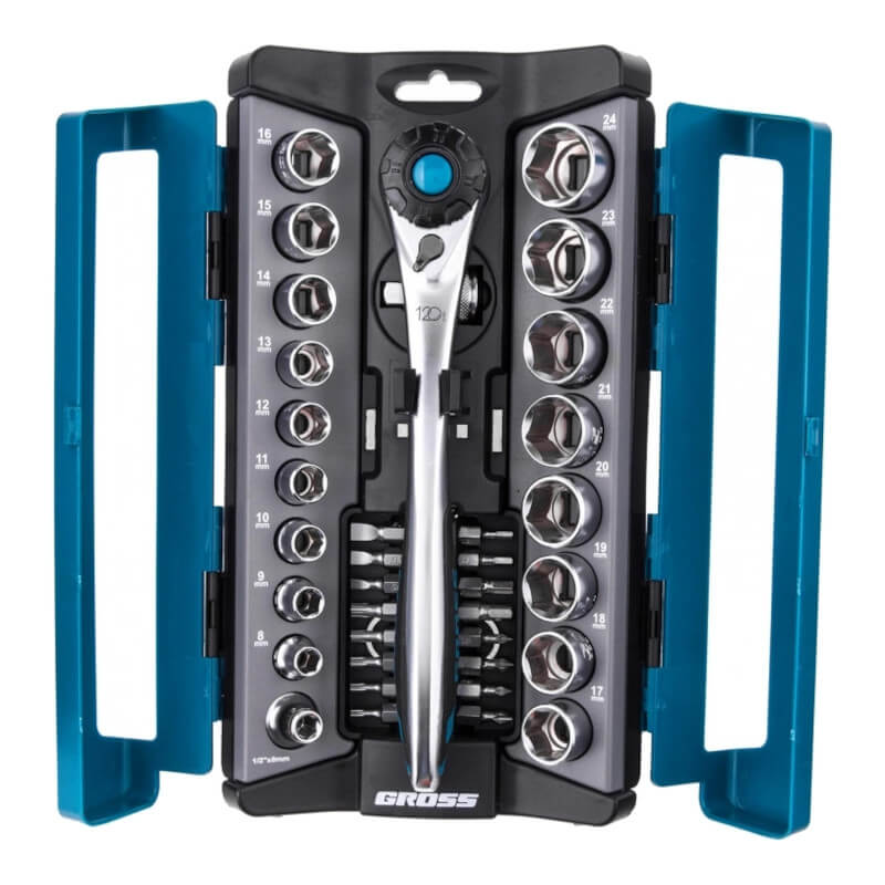 Набор торцевых головок Gross, трещотка 120 зубьев, 36 предметов Набор торцевых головок Gross, трещотка 120 зубьев, 36 предметов