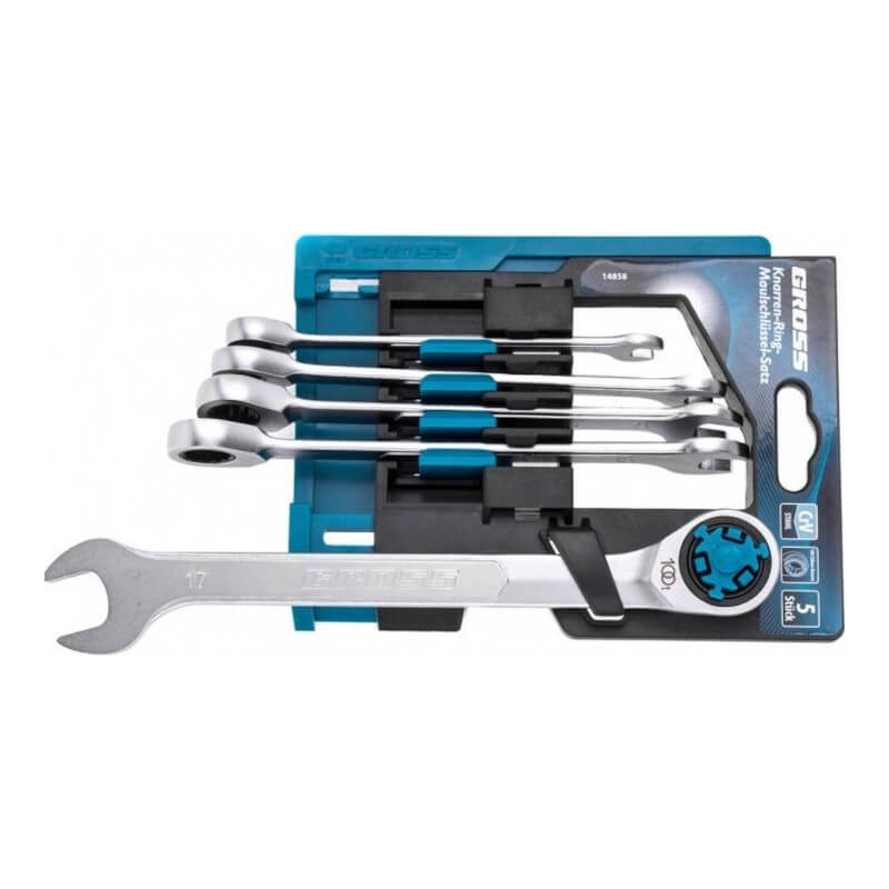 Набор ключей комбинированных трещоточных, количество зубьев 100, СRV, 5 шт, 8- 17 мм Gross Набор ключей комбинированных трещоточных, количество зубьев 100, СRV, 5 шт, 8- 17 мм Gross