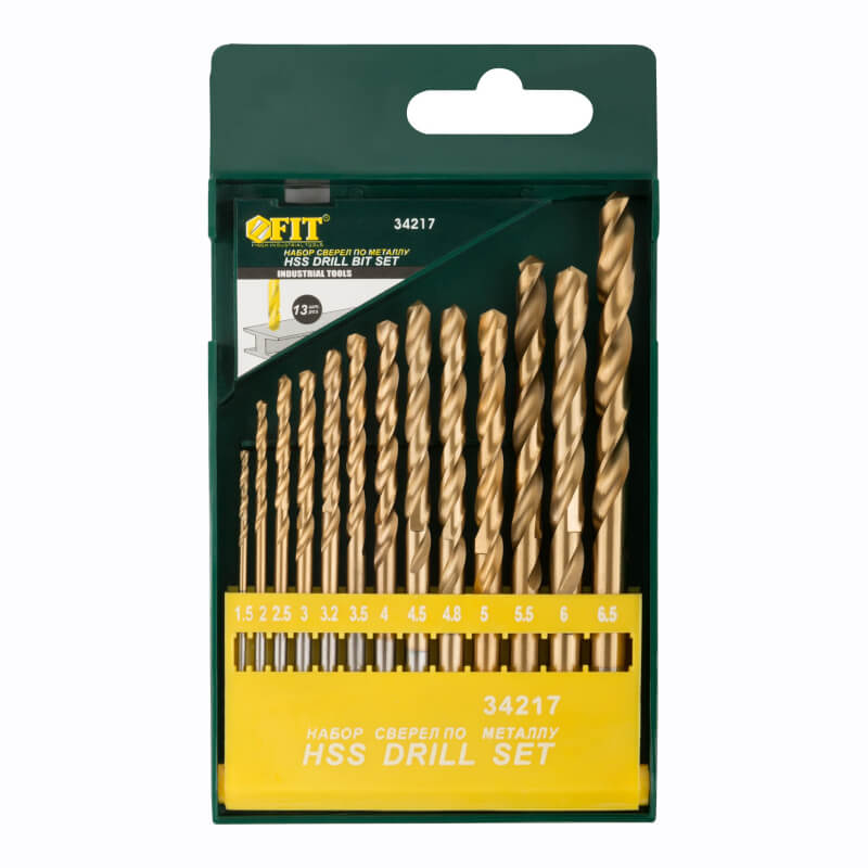 Набор сверл HSS по металлу, титановое покрытие, 13 шт. (1,5-2-2,5-3-3,2-3,5-4-4,5-4,8-5-5,5-6-6,)FIT Набор сверл HSS по металлу, титановое покрытие, 13 шт. (1,5-2-2,5-3-3,2-3,5-4-4,5-4,8-5-5,5-6-6,)FIT